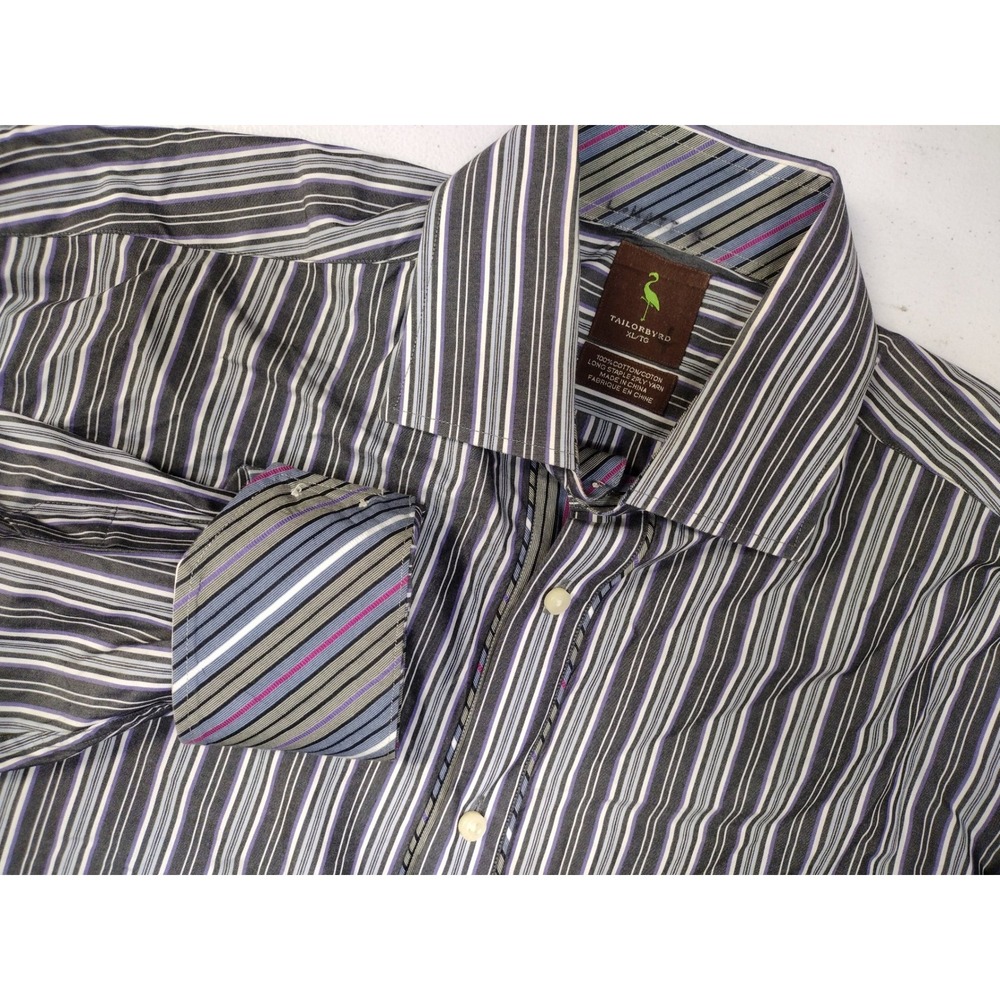 Tailorbyrd Mens XL Long Sleeve Button Down Shirt Grey Purple Striped 100% Cotton